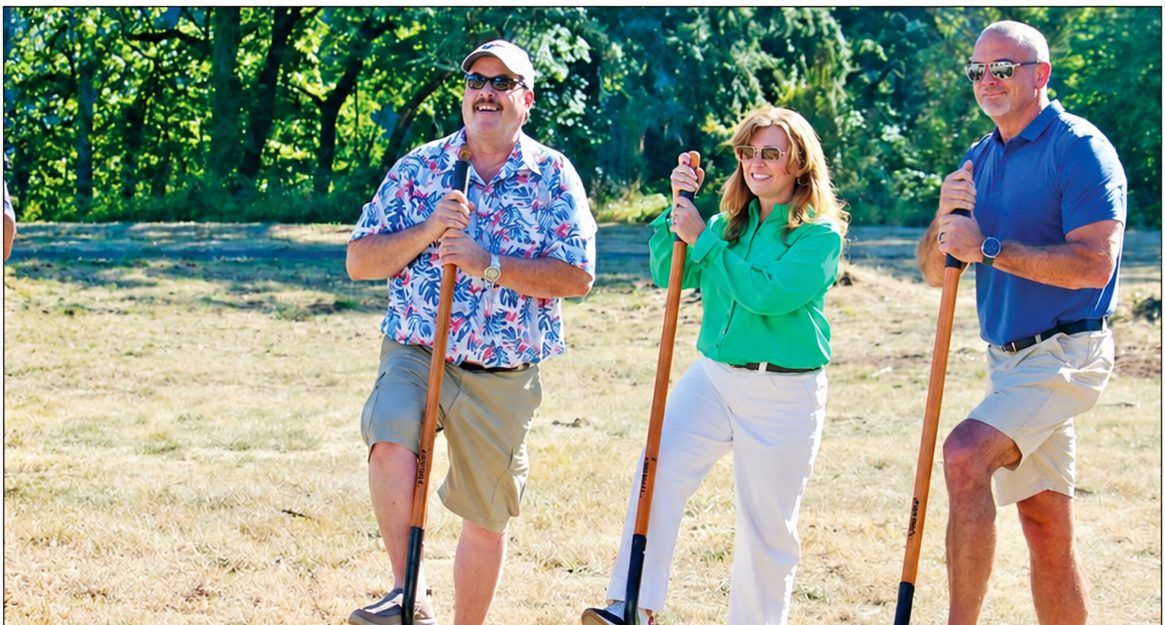 Mayor Sean Drinkwine, Rep. Christine Drazan and a city official pose with shovels at the groundbreaking for Estacada’s new Wastewater Treatment Plant